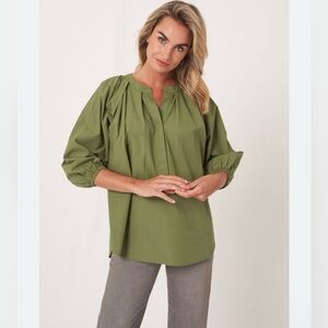 repeat Olive Green Oversized Popover Blouse Small Relaxed puff sleeves
